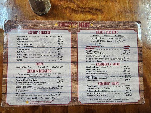 Menu - Appetizers, burgers, steaks, unique items, fish.