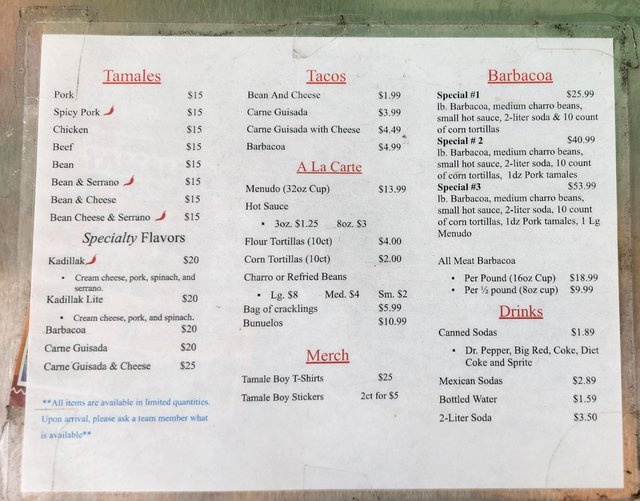 Tamale Boy - Menu