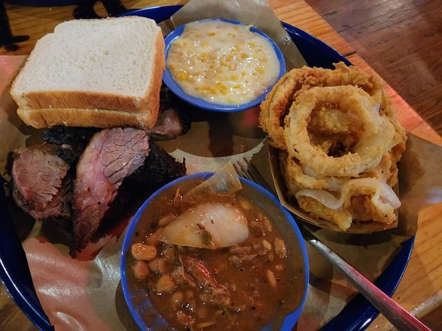 Brisket, Creamed Corn, Onion Rings, & Beans