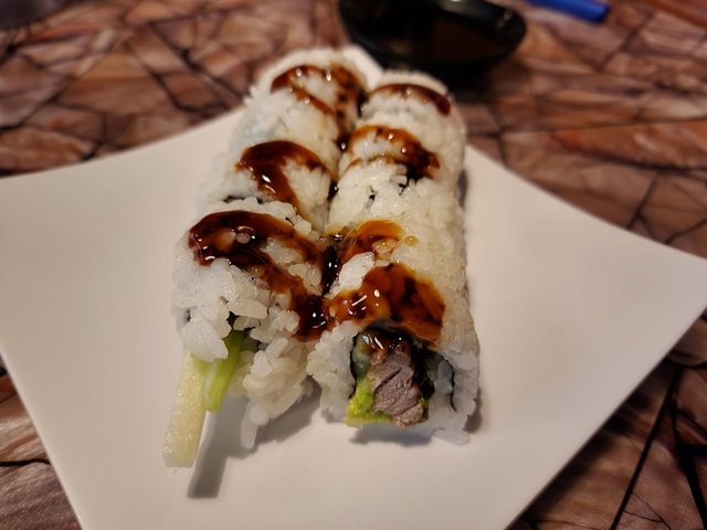 Tokyo Roll - Teriyaki Beef, Avacado, Cucumber with Eel Sauce.