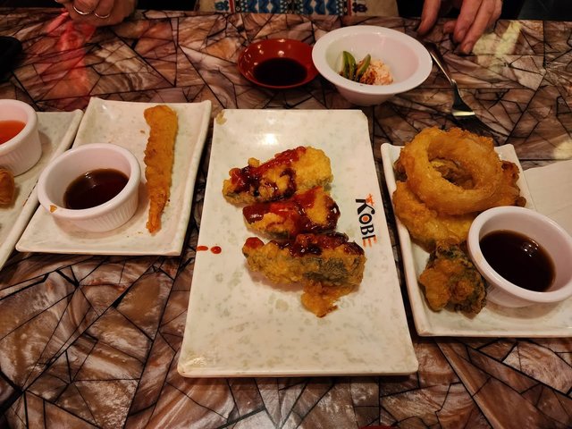 Shrimp Tempura, Honeymoon (stuffed jalapeno), Vegetable Tempura.
