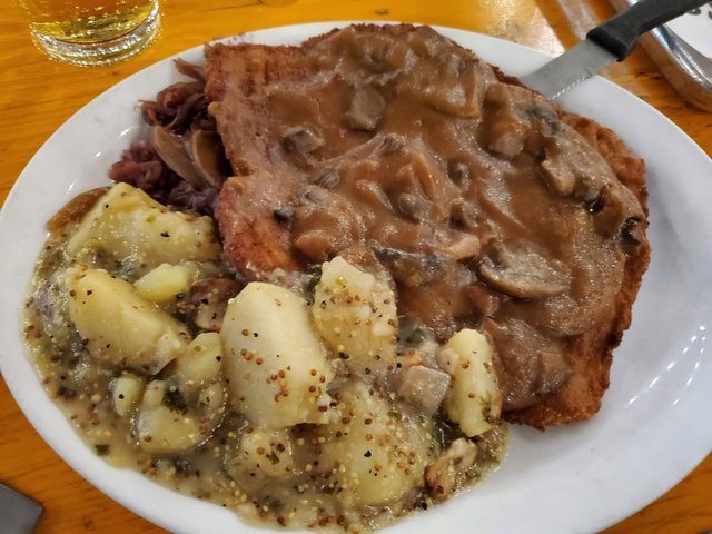 Jager Schnitzel, German Potato Salad, Red Cabbage