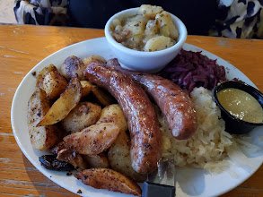 Sausage Plate, Yukon Potatoes, Sauerkraut, Red Cabbage, German Potato Salad (bowl)
