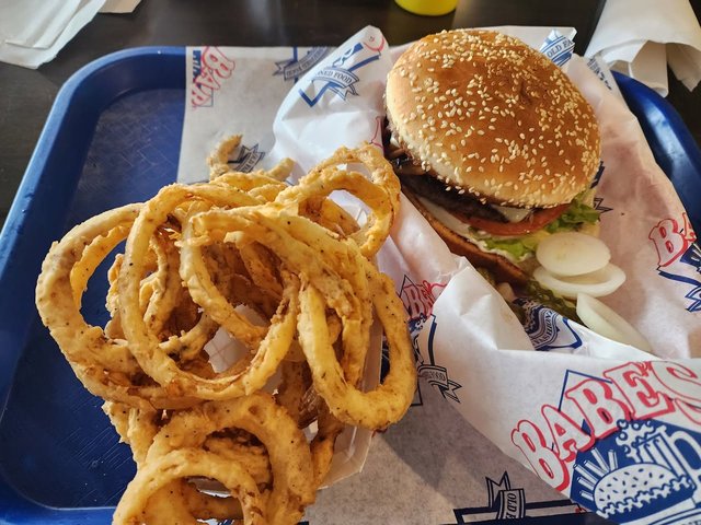 Mushroom Swiss Burger with Onion Ring Substitution.
