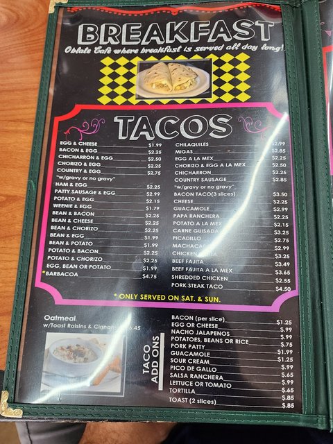 Oblate Cafe Menu - Breakfast Tacos