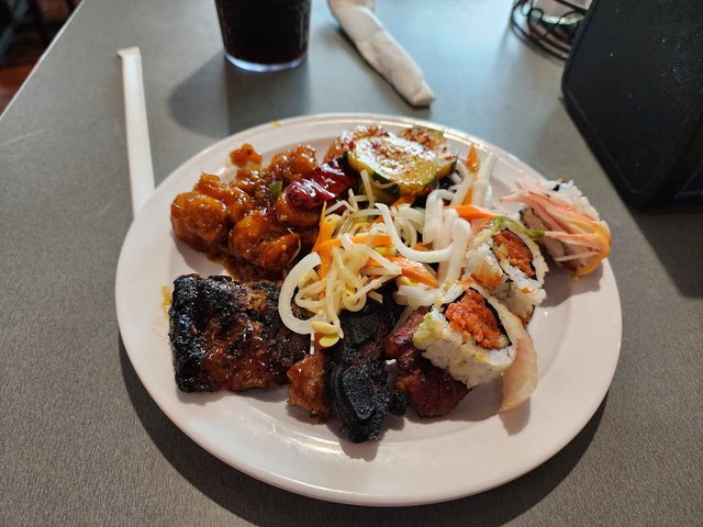 Orange Shrimp, Pork Galbi, Sushi, Cucumber Kimchi & Bean Sprouts & Radish