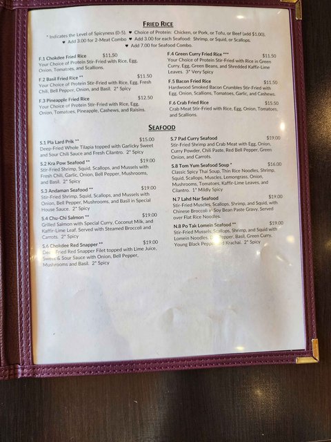 Chokdee Menu - Seafood Entrees
