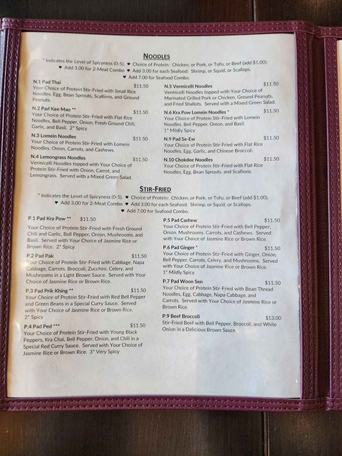 Chokdee Menu - Noodle Entrees, Stir Fry Entrees