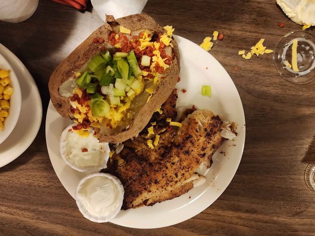 Salmon with loaded baked potatoe