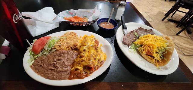 Deluxe Plate, Enchilada Rice & Beans (Puffy Taco & Steak on side)
