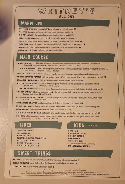 Whitneys - Food Menu