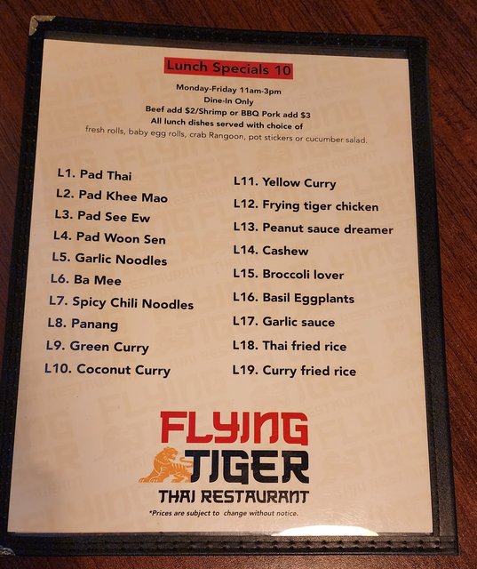 Flying Tiger Thai Restaurant - Lunch Menu