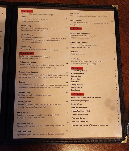 Flying Tiger Thai Restaurant - Menu