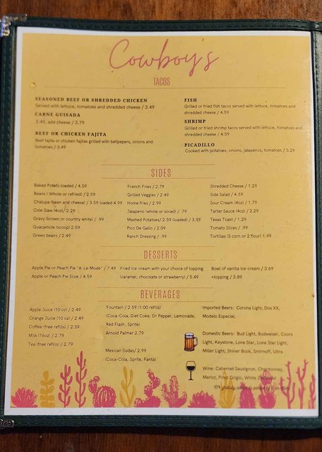 Cowboys Menu - Tacos, Desserts, Beverages, & Sides