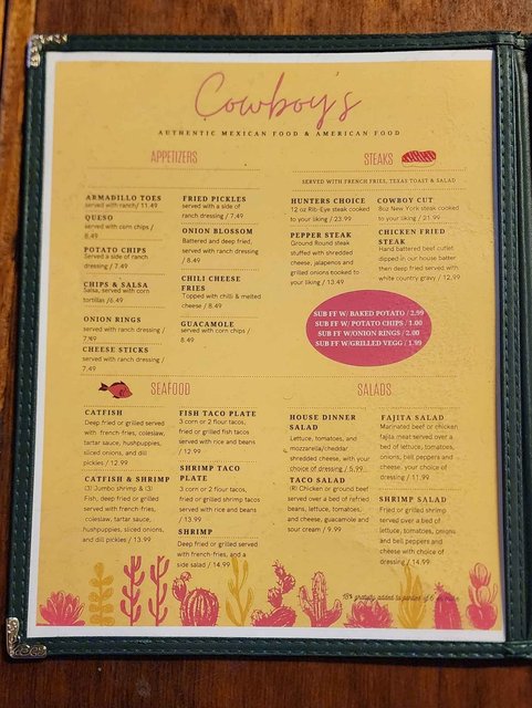 Cowboys Menu - Appetizers, Steaks & Seafood