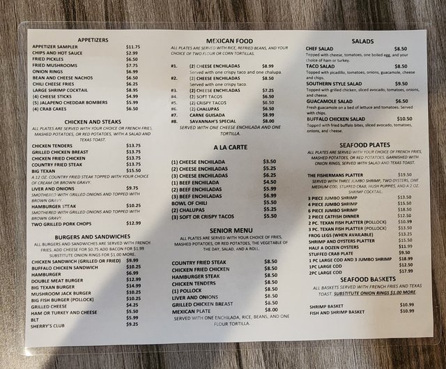 Menu - Steaks, Seafood, Ala Carte items.
