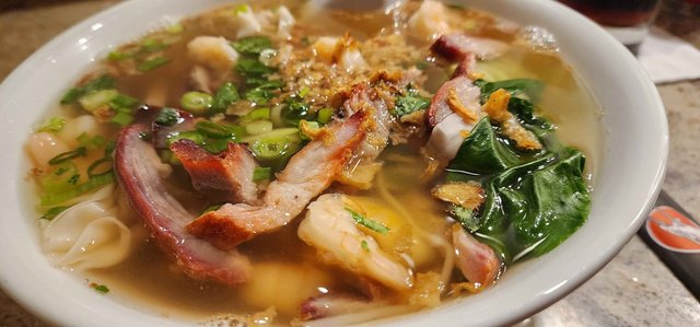 BBQ Pork, Shrimp, & Wonton Noodle Bowl (Closeup) (egg noodles)
