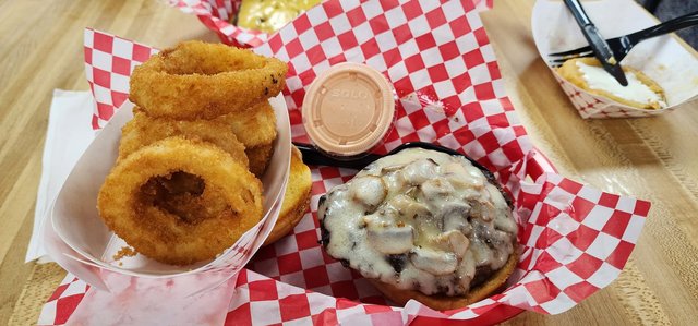 Mushroom Swiss Burger with Onion Rings