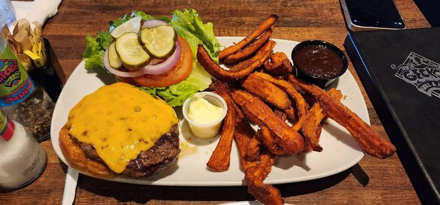 Hamburger with Sweet Potato Fries.