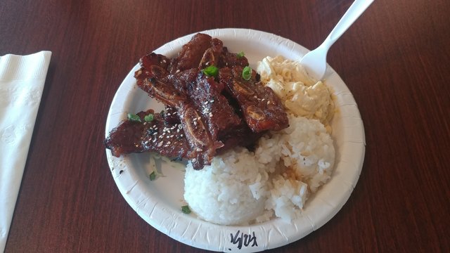 Kalbi, Hawaiian Mac & Steamed Rice