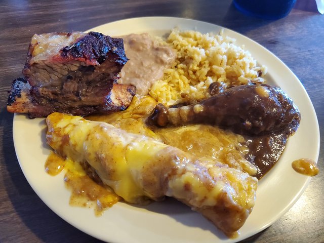 Cheese Enchiladas, Chicken Mole, Rice, Beans, Ribs
