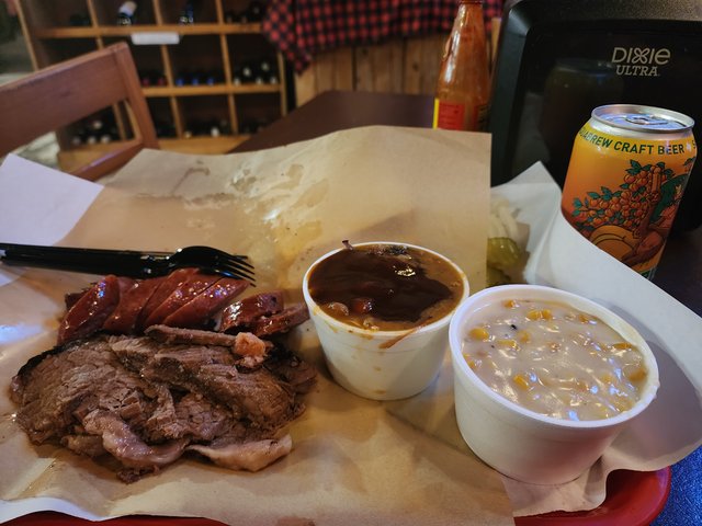 Brisket, Sausage, Junk Beans & Creamed Corn