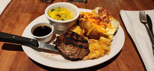 Steak, Loaded Potato, Fried Shrimp & Broccoli Rice & Cheese