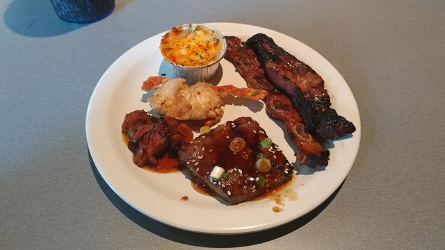 Seafood Dynamite, Korean Beef Cake, & Pork Galbi